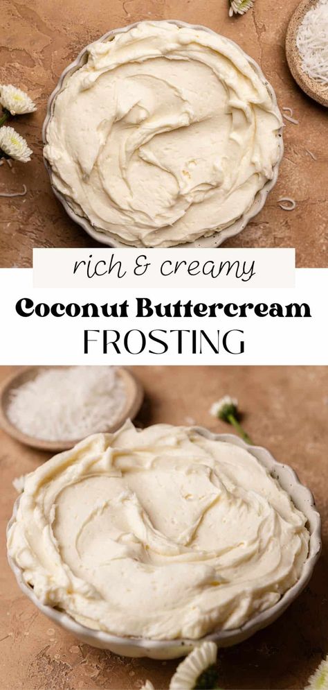 This fluffy coconut buttercream frosting is made with coconut extract and coconut cream for the most delicious tropical flavor! Butter and coconut cream make this frosting rich and creamy, perfect piped on cupcakes and slathered on cakes and cookies. It comes together in just 5 minutes! Homemade Coconut Frosting, Pina Colada Buttercream, Coconut Cream Cake Filling, Coconut Cream Icing, Coconut Wedding Cake Recipe, Coconut Filling For Cake, Coconut Cream Recipes Canned, Coconut Cream Cakes, Coconut Extract Recipes