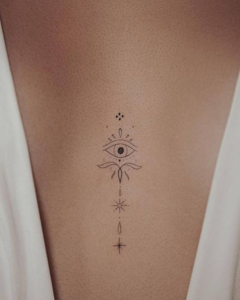 Ornamental evil eye tattoo on the sternum Sternum Tattoo Women, Ephemeral Tattoo, Sternum Tattoo Design, Third Eye Tattoos, Evil Eye Tattoo, Boho Tattoos, Petite Tattoos, Tattoo Women, Small Hand Tattoos