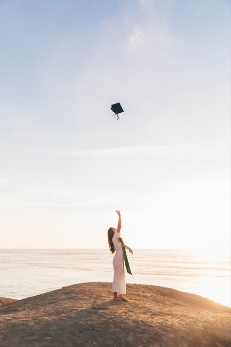 Beachy Graduation Pictures, Beach Sunset Grad Pics, Graduation Photoshoot Ideas Beach, Ocean Graduation Pictures, Beach Graduation Pictures Cap And Gown, College Graduation Beach Pictures, Beach Pictures Graduation, Grad Pics At The Beach, Beach Photoshoot Graduation