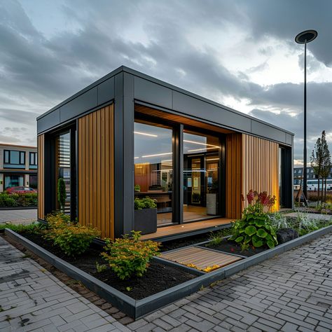 This modern portable building features dark and wood-toned exterior panels, large floor-to-ceiling windows, and a flat roof. Situated in an urban environment, it is surrounded by a landscaped garden, paved walkways, and contemporary lighting. The sleek, minimalist design combined with ample natural light and thoughtful landscaping creates a sophisticated and inviting atmosphere. Perfect for urban spaces seeking a blend of style and functionality. Modern Small Building, Dark Modern House Exterior, Container Design Ideas, House Flat Roof, Modern Shed Design, Studio Exterior, Modern Roof Design, Flat Roof House Designs, Portable Building