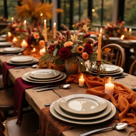 Fall colored wedding decor on tables Fall Wedding Outside Receptions, Fall Wedding Details, Fall Colored Wedding, Fall Reception Decorations, Fall Wedding Table Decorations, Rustic Fall Wedding Colors, Fall Wedding Tablescapes, Rustic Color Schemes, Fall Wedding Table Decor