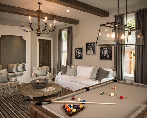 I LOVE this pool table/ living room set up Living Room With Pool Table, Living Room With Pool, Rustic Kids Rooms, Room With Pool Table, Balboa Mist, Game Room Lighting, Pool Table Room, Traditional Family Room, Game Room Family