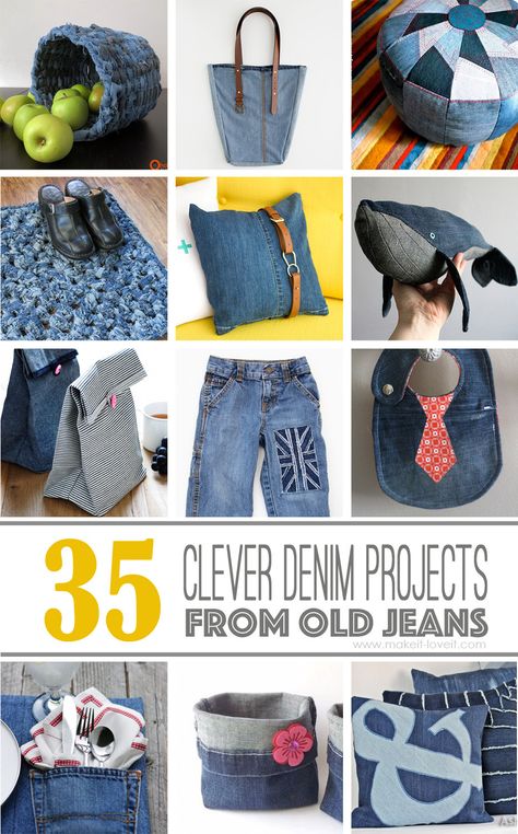 35 Clever Projects from OLD DENIM JEANS | via Make It and Love It What To Do With Old Jeans, Jeans Projects, Återvinna Jeans, Artisanats Denim, Jean Diy, Recyceltes Denim, Diy Clothes Refashion, Diy Jeans, Blue Jeans Crafts