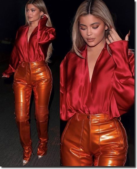 Red Top Brown Pants Outfit, Rust Leather Pants Outfit, Orange Metallic Outfit, Red Faux Leather Pants Outfit, Orange Leather Pants Outfit, Orange And Red Outfit, Red Leather Pants Outfit, Metallic Pants Outfit, Red Leggings Outfit