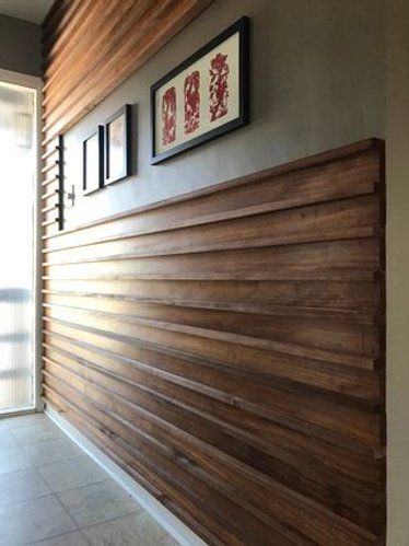 Picture of Wood Slat Wall French Cleat Office Wall, Horizontal Wooden Slat Wall, Slat Wall Horizontal, French Cleat Wall Living Room, Horizontal Wood Paneling Wall, Slatwall Ideas Home, Slatted Fireplace, Coffee Styling, Wood Panneling