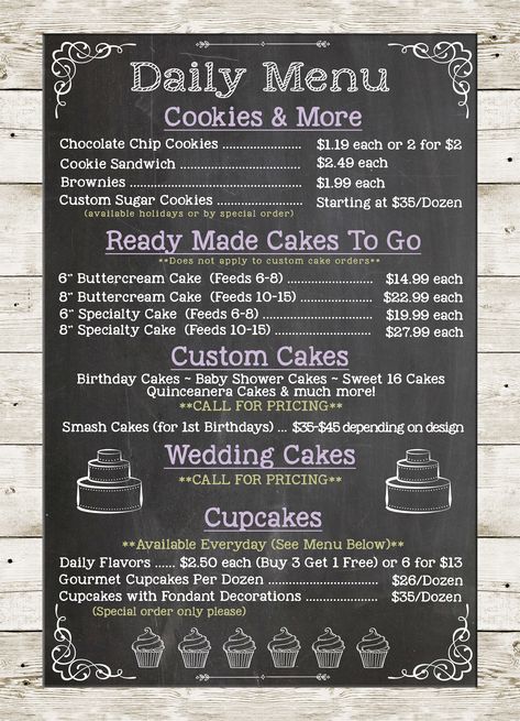 Diy Menu Board For Food Truck, Bakery Food Truck Menu Ideas, Home Bakery Ideas Desserts, Bakery Board Design, Home Bakery Menu Template, Menu For Bakery, In Home Bakery Ideas, Bakery Blueprint, Small Bakery Menu Ideas