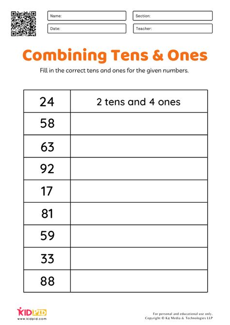 Combining Tens & Ones Place Value Worksheets for Grade 1 Phonics Worksheets Grade 1, Worksheets For Grade 1, Fun Math Worksheets, Worksheets For Class 1, Place Value Worksheets, Tenth Grade, Phonics Practice, 1st Grade Math Worksheets, We Are Teachers