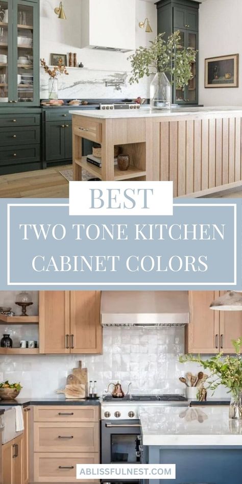 Looking to add some personality to your kitchen? These best two tone kitchen cabinet colors are the way to go! Not only do they add visual interest, but they also create a unique and modern look! #twotonekitchencabinets #kitchendesigninspo #kitchencabinetcolors Kitchen Cabinets Painted 2 Tone Cupboards, Small Kitchen 2 Tone Cabinets, Kitchen Island Pop Of Color, Cabico Kitchen Cabinets, Kitchen Cabinet Colors Two Tone, Two Toned Kitchen Cabinets Wood, 2 Colour Kitchen Cabinets, Two Tone Cabinets Kitchen, Two Tone Cabinets Color Combos