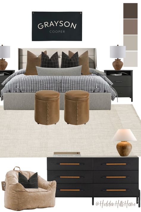 Teen boys bedroom decor mood board with black and brown tones throughout! Masculine bedroom decor ideas for a boys room Teen Boys Bedroom, Teen Boys Room, Boys Bedroom Modern, Teen Boy Bedroom Decor, Boys Bedroom Furniture, Boys Bedroom Makeover