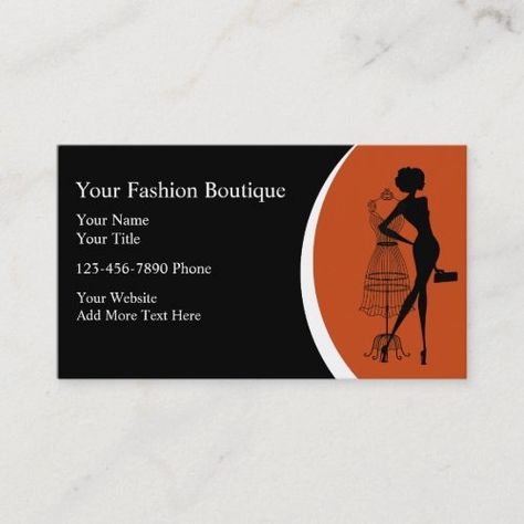 Clothing Boutique Business Cards Clothing boutique business cards with image of fashion lady and dress frame along with text space you can personalize and burnt orange design element. Change the black background color and make this your own. Best business cards for a dress shop, clothing, or seamstress. #FashionDesignersBusinessCards Ladies Tailor Visiting Card Design, Clothing Business Cards Ideas, Business Card For Clothing Brand, Boutique Visiting Card Designs, Boutique Business Cards Ideas, Dress Logo Design Ideas, Business Cards Ideas Design, Business Card Fashion, Boutique Names Ideas