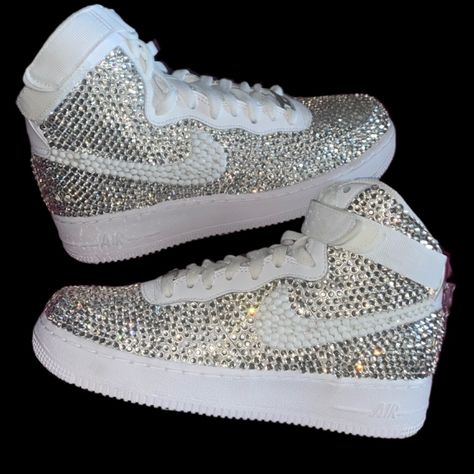 Welcome, Nike Airforce 1’s High Tops With Luxe Crystal & White Full Fronts & Back Design, Made To Last Permanent Design! Colours:Crystal Diamond & White All Colours Available Please See Colour Chart Attached, Brand New In Box Nike Airforce 1’s High Tops Sizes In Usa Women’s 6 6.5 7 7.5 8 8.5 9 9.5 10 10.5 11 11.5 12 12.5 13 Comes With Original & Ribbon Laces To Order; Can Also Be Made In Black Please See Colour Chart Attached To Change Colour Way Or Add Additional Colours Please Add To Bundle Fo Friend Hoodies, Best Friend Hoodies, Bedazzled Shoes, Random Products, Pretty Sneakers, Bling Converse, Preppy Things, Custom Jordans, Nike Air Force 1s