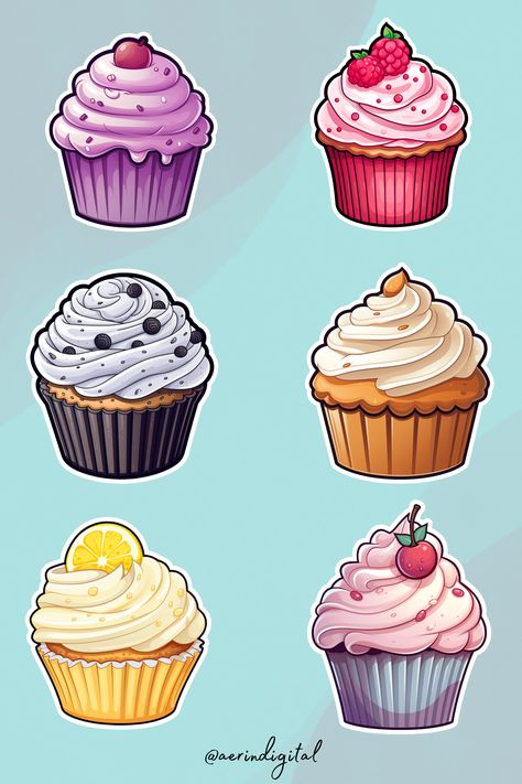 Cute designs of different cupcakes. Perfect for stickers or other uses. Cupcake Cartoon Cute, Cupcake Digital Art, Drawings Of Cupcakes, Cupcake Cute Drawing, Cupcake Drawing Aesthetic, Cupcake Illustration Cute, Cupcake Colouring, Cupcakes Art Drawing, Draw Cupcake