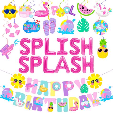 PRICES MAY VARY. ❤【Abundant splish splash birthday decorations】Our splish splash birthday decorations includes a summer pool themed birthday banner, 12 "splish splash" lettering aluminum foil and 20 pool party hanging swirls(among which there are 18pcs pool theme hanging swirls with different patterns, and 2pcs spiral ornaments without pattern but with double whirls). ❤【Premium pool party hanging swirls decorations】Pool party hanging swirls decorations features premium double-sided printed cards Swimming Themed Birthday Party, 7th Birthday Party For Girls Themes, 7th Birthday Party For Girls, Summer Themed Birthday Party, Summer Birthday Party Decorations, Summer Birthday Themes, 6th Birthday Girls, Pool Party Themes, Tropical Party Decorations