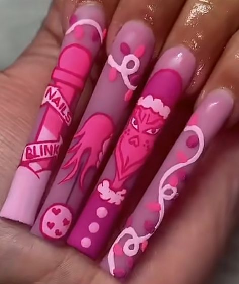 Pink Grinch Nails, Student Challenges, Gingerbread Nails, Grinch Nails, New Years Nails, Hippie Nails, Winter Nails Acrylic, Christmas Gel Nails, Dope Nail Designs