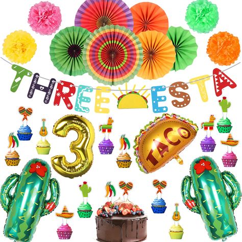 Three Esta Birthday Party, Taco Twosday Birthday Party, Twosday Birthday Party, Cactus Balloons, Taco Party Decorations, Taco Twosday Birthday, Three Esta, Mexican Fiesta Party Decorations, Pompom Flowers