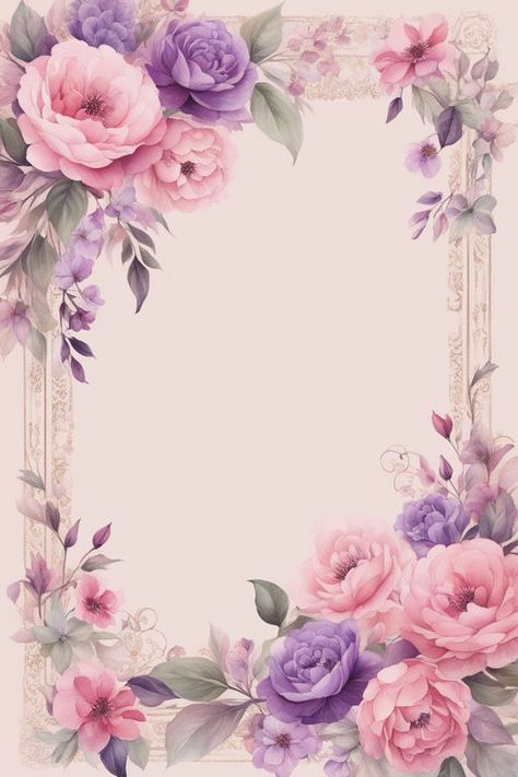 Vintage Romantic vintage pink purple floral border on soft g... by Yến Nguyễn - Playground Printed Border Design, Border Design For Scrapbook, Vintage Border Design, School Scrapbook Layouts, Flowers Border, Flower Borders, Pink Flowers Background, Cute Backgrounds For Iphone, Floral Backgrounds