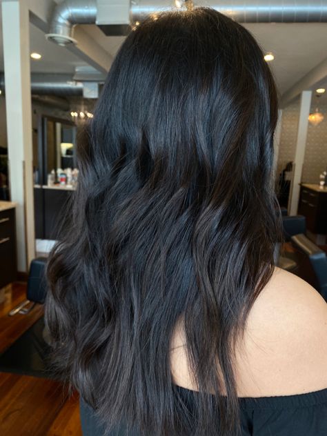 Subtle Dark Brown Balayage On Black Hair, Dark Black Hair With Dimension, Black Hair With Subtle Dimension, Subtle Black Balayage, Subtle Brunette Dimension, Black Hair Subtle Highlights, Baby Lights Black Hair, Babylights On Black Hair, Black Hair Balayage Straight