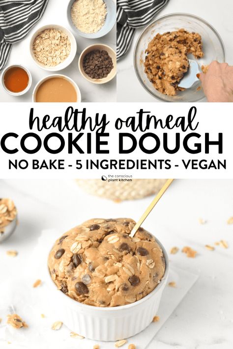 This Edible Oatmeal Cookie Dough is an healthy oatmeal chocolate chip cookie dough recipe made with no refined sugar, no butter and ready in 10 minutes for a quick healthy pre-work out snack. Plus, this cookie  dough is also vegan, gluten-free friendly. Edible Oatmeal Raisin Cookie Dough, Healthy Homemade Cookie Dough, Edible Cookie Dough With Oats, Healthy Oatmeal Cookie Dough, Healthy Oat Cookie Dough, Protein Oatmeal Cookie Dough, Healthy Cookie For One, No Butter Cookie Dough, Pb2 Cookie Dough