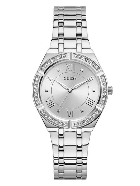 The perfect polished touch for any outfit, this silver-tone analog watch features a silver sunray dial and a crystal-encrusted bezel. Case diameter in mm: 36  Water resistant up to 30M/100ft  Two year limited warranty Guess Women Watches, Silver Watches Women, Guess Watch, Analog Watch, Metal Bracelets, Steel Watch, Stainless Steel Bracelet, Silver Watch, Quartz Movement