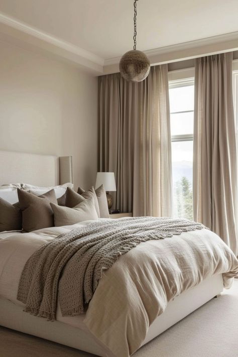 Serene Modern Bedroom, Brown And White Bedroom Ideas Cozy, Simple Main Bedroom Ideas, Neutral Hotel Room, Low Ceiling Bedroom Design, Bedroom Inspirations Hotel Style, Cozy Neutral Bedroom Ideas, Neutral Dressing Room, Cool Tone Bedroom Ideas