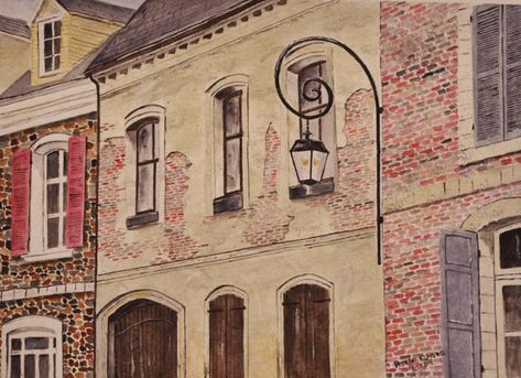 Lanterneuropean town painting scenic by WATERcolorARTbyROSIE, $175.00 Town Painting, Scenic Painting, Iron Lantern, Iron Lanterns, Brick Facade, Cityscape Painting, Vacation Photos, Brick Building, Through The Window