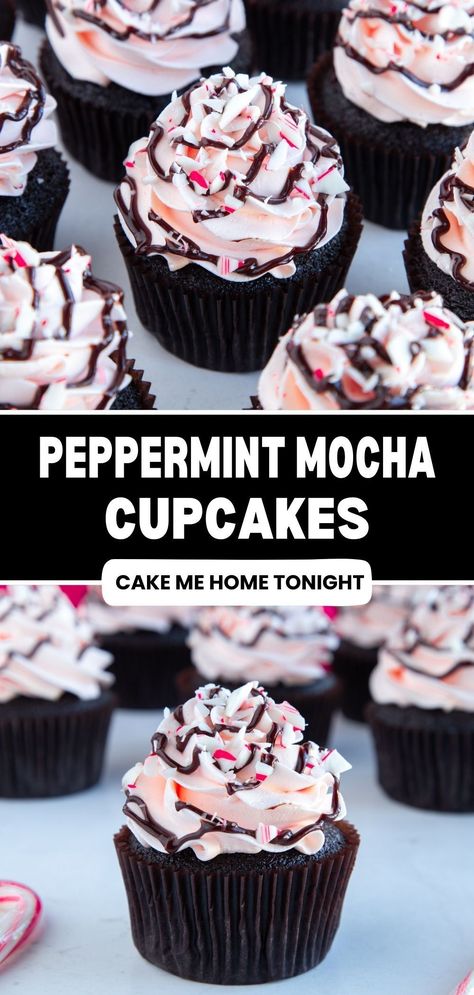 Peppermint mocha cupcakes made with chocolate mocha cake, candy cane buttercream frosting, chocolate ganache, and crushed candy canes. Easy cupcake recipe. Peppermint Mocha Cupcakes, Easy Cupcake Recipe, Chocolate Mocha Cake, Peppermint Cupcakes, Christmas Cupcakes Recipes, Frosting Chocolate, Mocha Cupcakes, Mocha Cake, Fancy Cupcakes