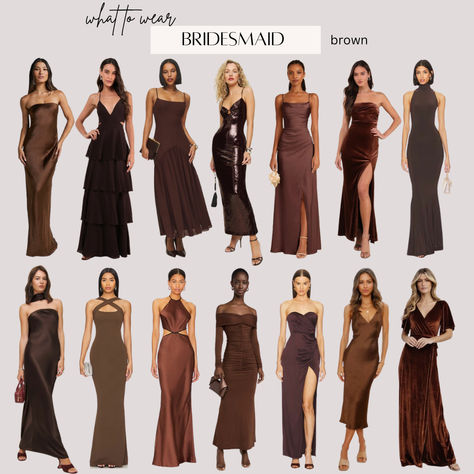 Brown bridesmaid dresses chocolate gowns for fall and winter wedding Brown And Gold Bridesmaid Dresses, Dark Academia Bridesmaid Dress, Chocolate Brown Formal Dress, Shades Of Brown Bridesmaid Dresses, Wedding Guest Dress Brown, Bridesmaid Dresses Autumn, Chocolate Brown Bridesmaid Dresses, Chocolate Brown Bridesmaid Dress, Chocolate Brown Wedding