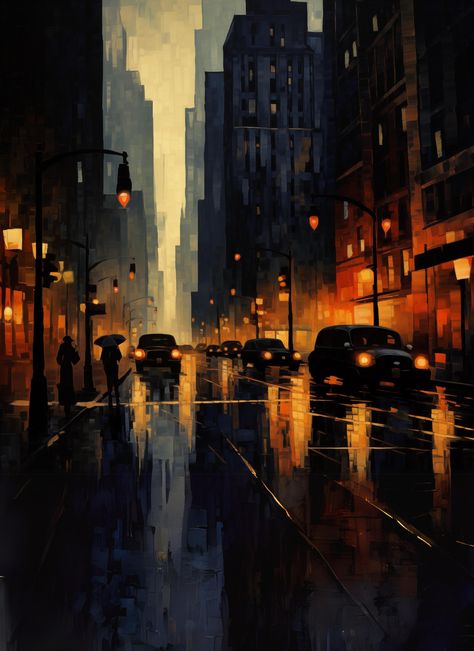 "Step into the captivating world of vintage allure with our exquisite digital print, \"City Hues.\" This enchanting piece captures the essence of a 1930s cityscape on a rainy night, inviting you to experience the romance and mystery of a bygone era. 🌆 Title: \"City Hues\" 🎨 Description: Indulge in the timeless charm of our digital print, \"City Hues.\" This captivating artwork transports you to the electric ambiance of a 1930s city on a rainy night. The play of light on wet pavements, the glow Paintings Of Cityscapes, Driving Through City At Night, Wet Streets Rainy Night, Dark City Scape, Urban Fantasy City, Street In Night, Rainy Night Painting, Rainy City Painting, City Night Painting