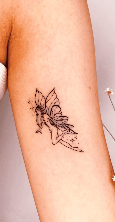 Fairy Of Shampoo Tattoo, Black Woman Fairy Tattoo, Fairy Tattoo With Color, Pixie Tattoo Small, 2 Fairies Tattoo, Fairy Garden Sleeve Tattoo, Fairy Tattoo Designs Small, Pixie Fairy Tattoo Ideas, Small Fairy Tattoos Simple