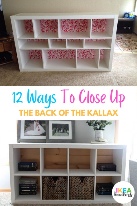 The KALLAX shelving unit comes with open cubes, which is why it makes such an awesome room divider. But there are times we need a back panel for the KALLAX. Such as when we use it as a media console. Closing up the back of the KALLAX immediately hides the ugly wires and power sockets. Or when used as storage and we don’t want stuff to fall behind the cubes. Kallax 8 Cube Tv Unit, Painting A Kallax Unit, Kallax Ikea Storage, Floating Kallax Shelf, Painted Kallax Shelves, Ikea Kallax Backing, Cube Shelf Room Divider, Cube Storage Room Divider, Diy Cube Storage Desk