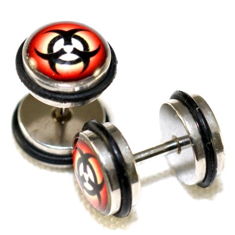 PRICES MAY VARY. Biohazard Sign Symbol Design Stainless Steel Fake illusion faux cheaters plugs 0G (8mm) top/face 16G (1.2mm) bar with 6mm wearable length 1 pair (2pcs) This is a set of high quality Biohazard Sign Symbol Stainless Steel fake plugs. Now you don't need to stretch your ears to enjoy the look of plugs. These fake/faux/cheater/illusion plugs are of regular gauge 16g (1.2mm) but once you put them on they will give you the look of real 0G (8mm) plugs. No one will be able to tell if you Biohazard Sign, Biohazard Symbol, Fake Plugs, Symbol Design, Black Rubber, Stainless Steel, High Quality, Black