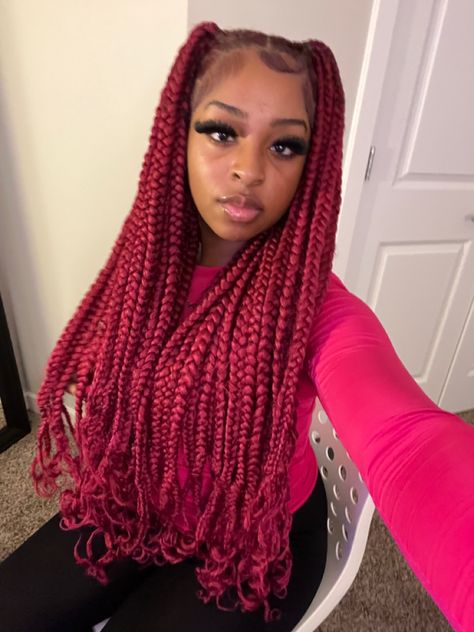 Red Box Braids On Black Hair, Red Curly Braids Black Women, Anaya Jasmin, Styles For Braids For Black Women, Black And Red Box Braids With Curls, Red Box Braids With Curls, Burgundy Faux Locs, Burgundy Braids, Sew In Hairstyles