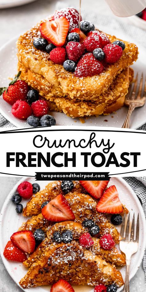 This Crunchy French Toast is a simple brunch recipe that starts with thick slices of Brioche bread dipped in a sweet vanilla cinnamon egg batter and coated in crunchy cornflakes. It makes a great Mother's Day brunch idea! Crunchy French Toast, French Toast Waffles, Nutella French Toast, Brioche French Toast, French Toast Sticks, French Toast Breakfast, Crock Pot Desserts, Mother's Day Brunch, Brioche Bread