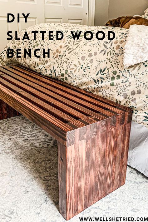 Wood Slat Bench Diy, Slatted Wood Bench, Entrance Bench Diy, Diy Home Decor Wood Projects, Diy Modern Bench Indoor, Diy Wooden Storage Bench, Build A Bench Diy, Slat Bench Diy, Easy Diy Bench Seat