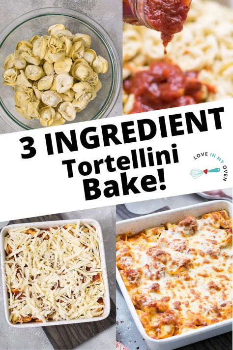 This easy 3 ingredient cheesy tortellini bake is one that will save you on a busy weeknight! All you need is cheese tortellini, a jar of pasta sauce and some extra cheese! It's delicious and takes less than 30 minutes to make! Things To Make With Cheese Tortellini, Mac N Cheese Tortellini, Easy Cheesy Tortellini Bake, Easy Tortellini Recipe, Recipes That Use Cheese Tortellini, Recipes For Cheese Tortellini, Meal Prep Tortellini, Cheese Tortellini With Marinara Sauce, Cheese Tortellini Bake Recipes