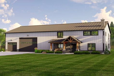 2-Story 4-Bedroom Barndominium with Front-Entry Garage (House Plan) 40 X 100 House Plans, 2 Story 4 Bed Barndominium Floor Plans, Metal Barndominium Floor Plans, 2 Story 4 Bedroom Barndominium Floor Plans, Corrugated Metal Siding, Barn Plan, Barn Style House Plans, Barndominium Floor Plans, Metal Barn