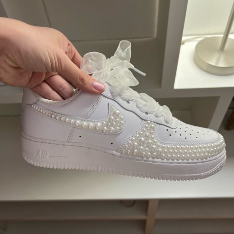 Never Worn Before Custom Made Pearl Air Force Ones. Got Them For My Wedding Reception But Never Changed Shoes. They Are So Cute And In Perfect Condition! I Changed The Laces To Ribbon But Still Have The Original Laces As Well Dream Wedding Shoes Sparkle, Custom Wedding Tennis Shoes, Star Air Force 1, Bedazzled Quince Shoes, Shoes For Prom Sneakers, Custom Wedding Nikes, Pearl Air Force 1, White Wedding Tennis Shoes, Bedazzled Wedding Sneakers