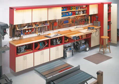 One-Wall Workshop | Woodworking Project | Woodsmith Plans Woodsmith Plans, Workshop Cabinets, Woodworking Garage, Workshop Plans, Cabinet Plans, Shop Cabinets, Workbench Plans, Garage Work Bench, Garage Cabinets