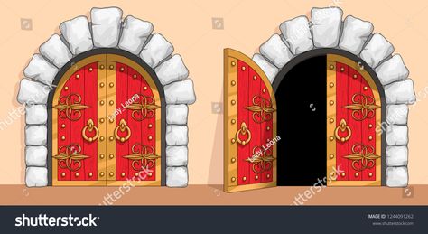 Red wooden gates of a medieval ancient castle or fortress. There is an arch of white stone around the door. A gate are decorated with wrought iron and gold. Open and closed doors. Vector illustration.fortress#castle#arch#stone Castle Vbs, Door Illustration, Castle Doors, Rustic Front Door, Ancient Castle, Castle Gate, Exterior Doors With Glass, Old Wooden Doors, Wrought Iron Decor