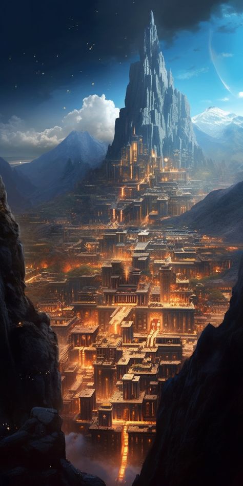 Futuristic Capital City, Fantasy Mountains Art, Fantasy Stone City, Ancient Fantasy Art, Mountain Fantasy City, Fantasy World Landscapes Cities, Fantasy Walled City, Fantasy Mega City, Volcano City Fantasy Art