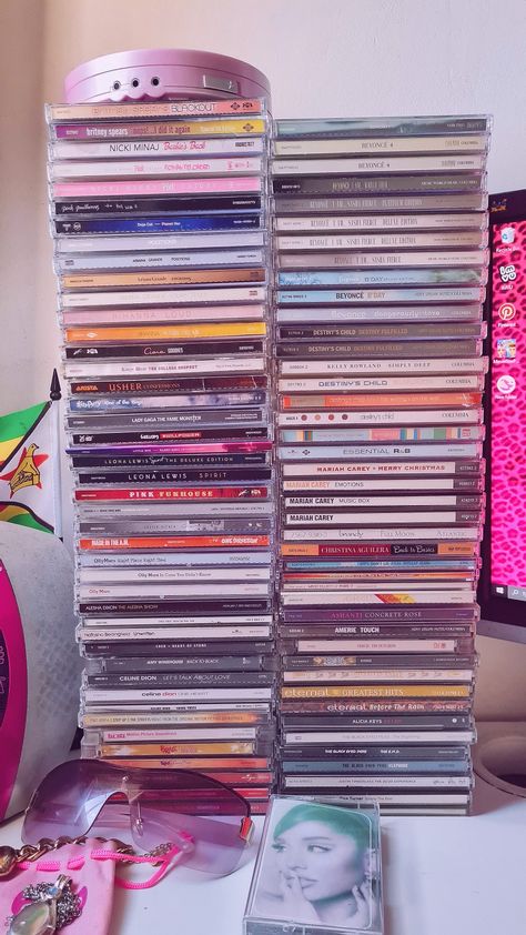 Childhood Music Aesthetic, Physical Media Collection, Cd Collection Display, Cd Collection Aesthetic, Cd Setup, Cd Storage Ideas, Oasis Cd, Cd Display, Cd Shelves