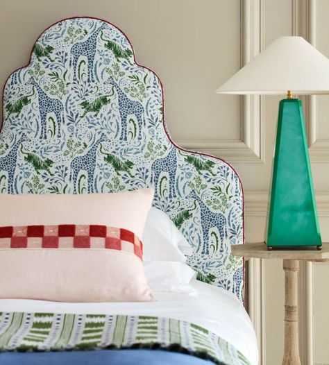 Sylvan Fabric in Blue/Green by James Hare | Jane Clayton Headboard Inspiration, Bed Drapes, Colorful Headboard, Gorgeous Bed, Barn Renovation, French Country Bedrooms, Cosy Bedroom, Headboard Styles, Block Colour