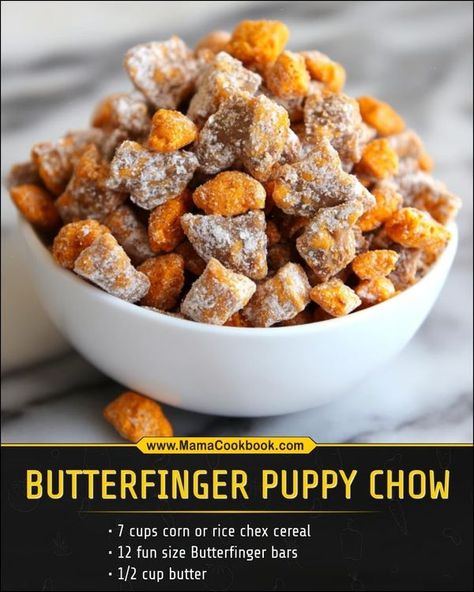 Butterfinger Puppy Chow Recipe, Butterfinger Puppy Chow, Puppy Chow Ingredients, Puppy Chow Chex Mix Recipe, Puppy Chow Recipe, Chex Mix Puppy Chow, Butterfinger Candy, Puppy Chow Recipes, Chex Mix Recipes