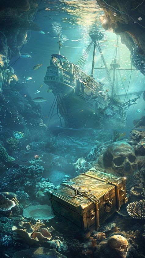 Ghost Ship Art, Pirates Treasure, Sea Pirates, Gold Illustration, Ship Wreck, جوني ديب, Bottom Of The Sea, Underwater Painting, Space Phone Wallpaper