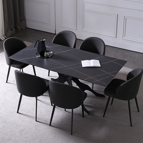 Marble Table Black Chairs, Black Dining Table, Morning Meals, Black Dining, Esstisch Modern, Sintered Stone, Dining Table Black, Black Rectangle, Parsons Chairs