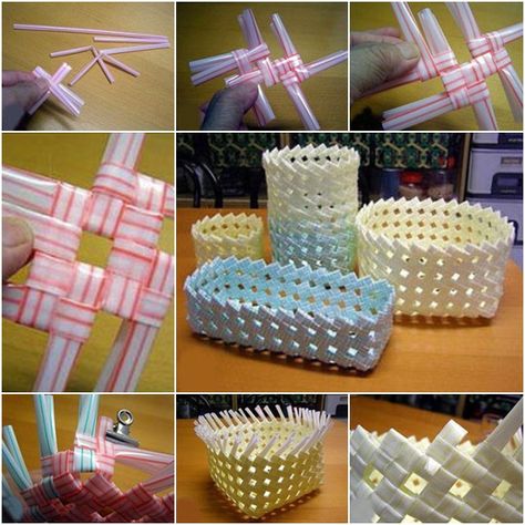 DIY Drinking Straw Basket as organizer, or use them to arrange flower bouquet, or place indoor plants..Be creativity !  How to--> http://wonderfuldiy.com/wonder-diy-basket-from-drinking-straw/ Drinking Straw Crafts, Diy Storage Containers, Diy Straw, Straw Crafts, Basket Weaving Diy, Diy Weaving, Straw Basket, Drink Straw, Diy Basket