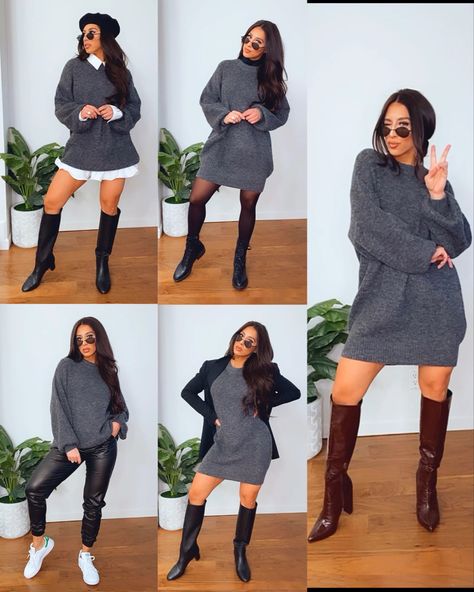 How To Style Sweater Dress, Sweater Dress Outfit Black Women, Short Sweater Dress Outfit, How To Style A Sweater Dress, Diy Sweater Dress, Dress Knee Boots, Beret Hat Outfit, Sweater Dress With Boots, Style A Sweater Dress