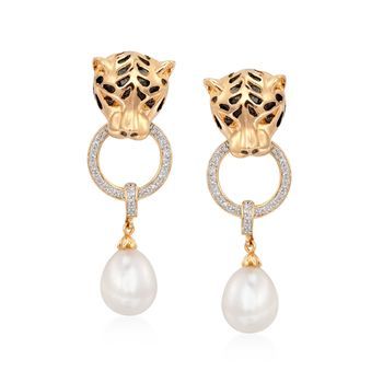 8.5-9mm Cultured Pearl and .10 ct. t.w. Diamond Panther Earrings in 18kt Gold Over Sterling | Ross Simons Panther Earrings, Polka Dot Earrings, Dot Earrings, Cartier Panthere, Birthday Jewelry, Precious Gemstones Jewelry, Unusual Earrings, Oval Earrings, Diamond Earring