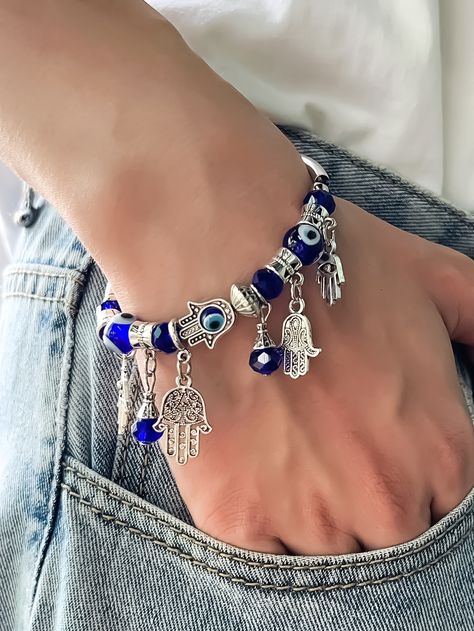 Multicolor Vacation Collar  Zinc Alloy   Embellished   Women's Fashion Jewelry Men Charm Bracelet, Evil Eye Charm Bracelet, Evil Eye Jewelry Bracelet, Bracelets Evil Eye, Evil Eye Decor, Hamsa Hand Jewelry, Hand Decor, Evil Eye Hand, Girly Bracelets