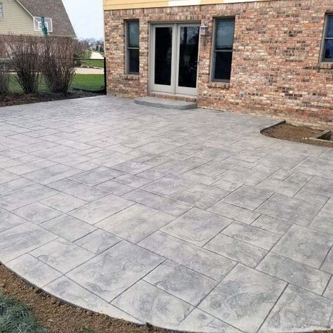 Top 50 Best Stamped Concrete Patio Ideas - Outdoor Space Designs Back Patio Stamped Concrete, Stamped Concrete Patio With Border, Concrete Patio Finishes Cement, Paver Concrete Patio, Concrete Patio Shapes Layout, Backyard Cement Patio Designs, Cement Stamped Patio Ideas, Concrete Patio Tiles, Stamped Concrete Patio Bluestone